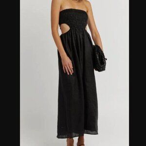 DISSH Midi Dress Nell Black 100% Linen Brown Orange Cut Outs Shirred Strapless 8